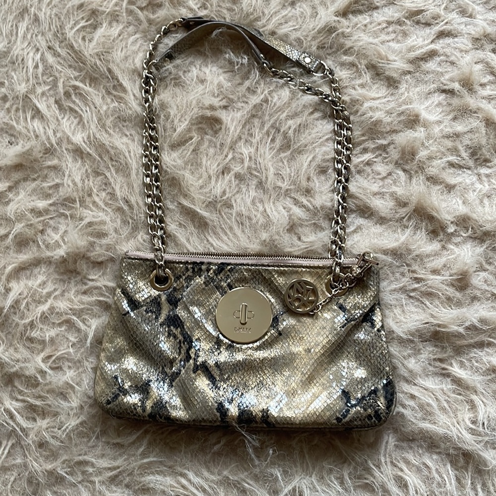 DKNY pure leather snake skin design metallic shimmer purse